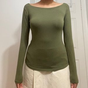 Moss Green Long-sleeve Tee with Flattering Boat Neckline